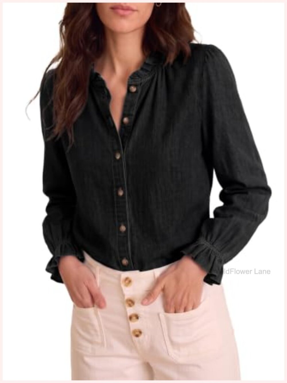 Womens Ruffle Button Down Denim Shirt Long Sleeve Cotton Blend